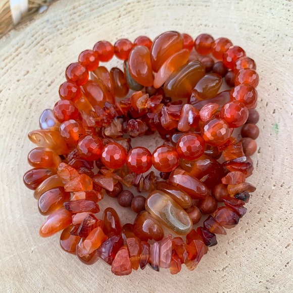 Natural Dark Orange Carnelian & Fire Agate Gemstone Mixed Bead Bracelet Stack - Picture 7 of 14